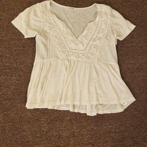 Lucky Brand Cream Lace Detail Short Sleeve Top